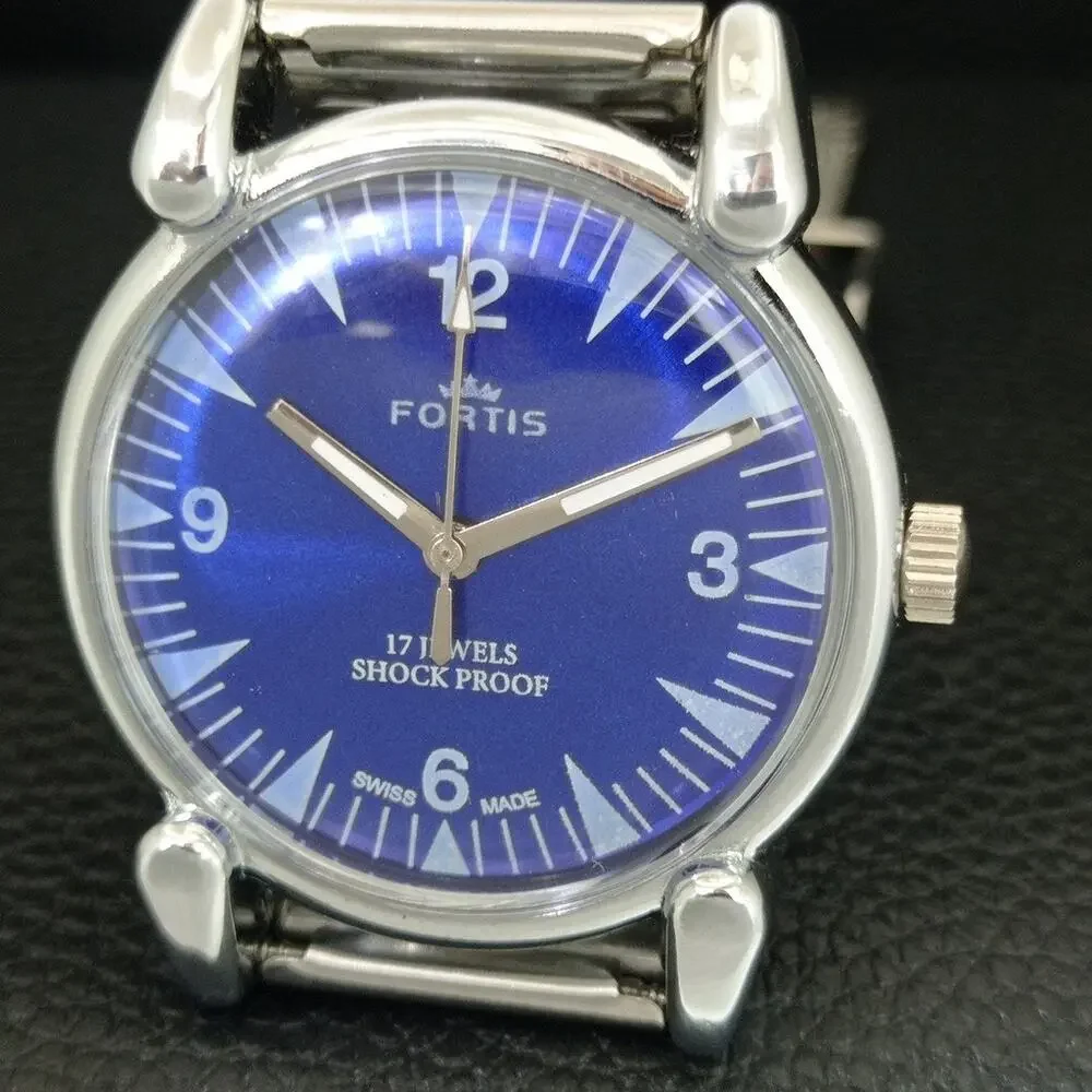 Vintage 1976 Fortis Manual Mens Silver Watch W/Steel Strap & Blue accents